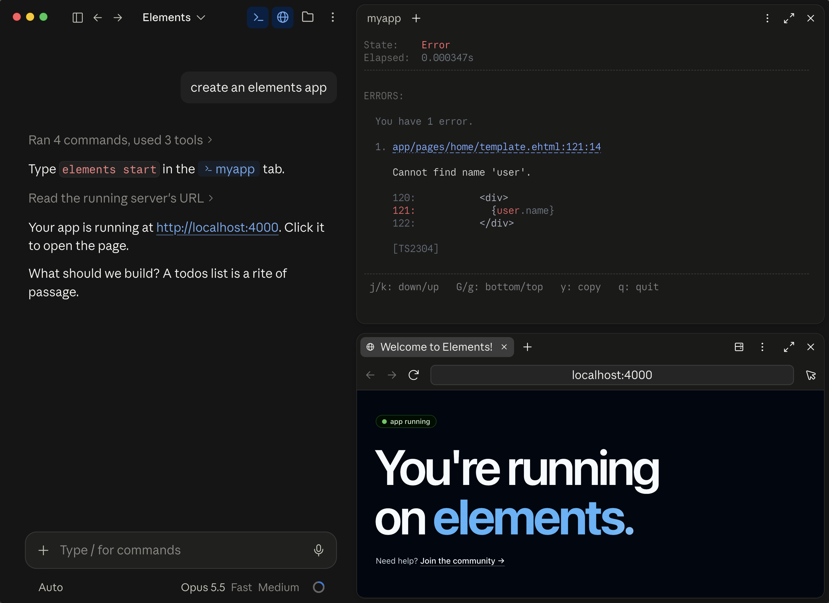 Claude Code with the build state Error in the terminal, showing the file, line and code of the error