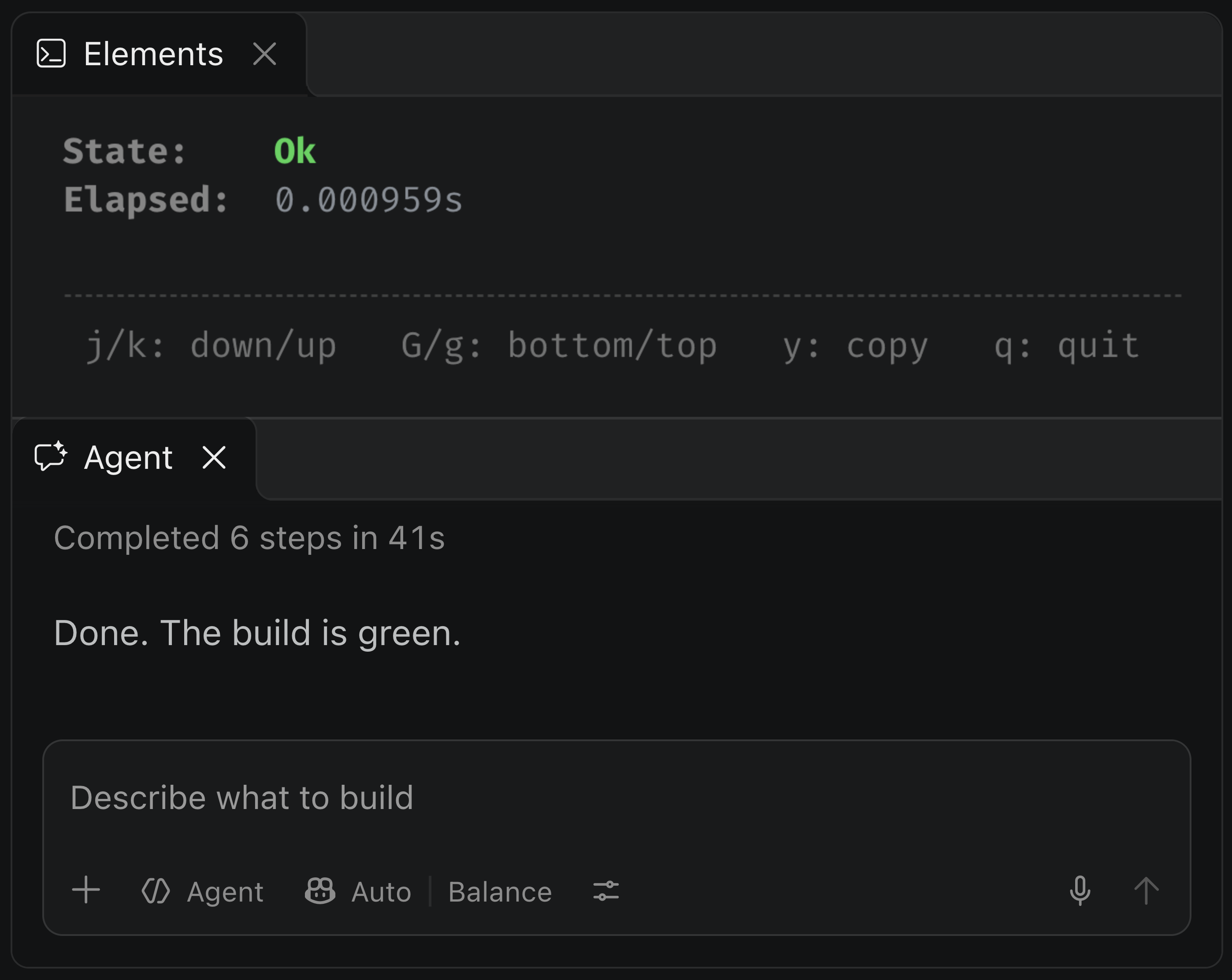 Screenshot: VS Code with the build state Ok, and the agent saying the build is green