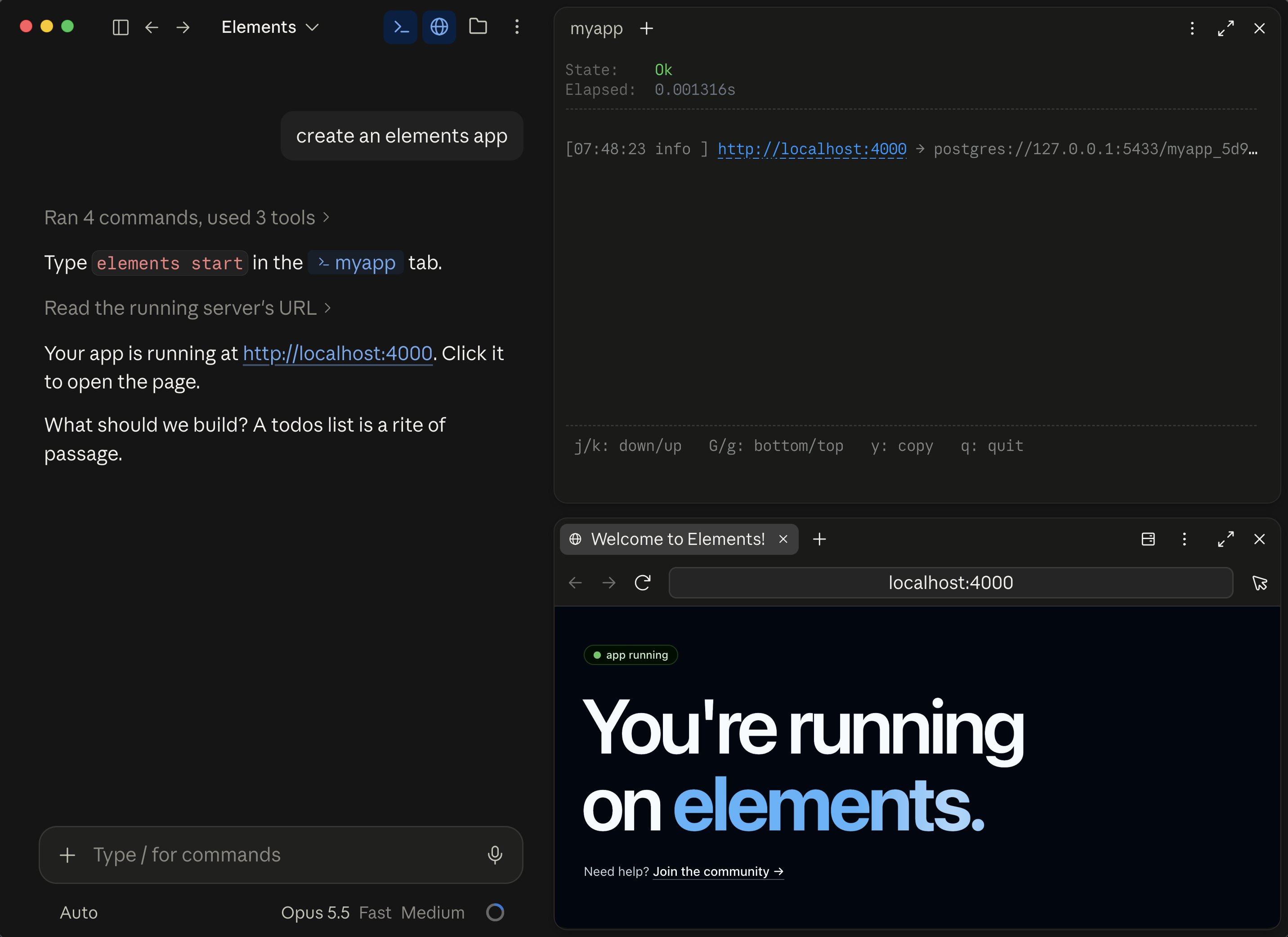 Screenshot: Claude Code with the build state Ok in the terminal, and the app running in the browser