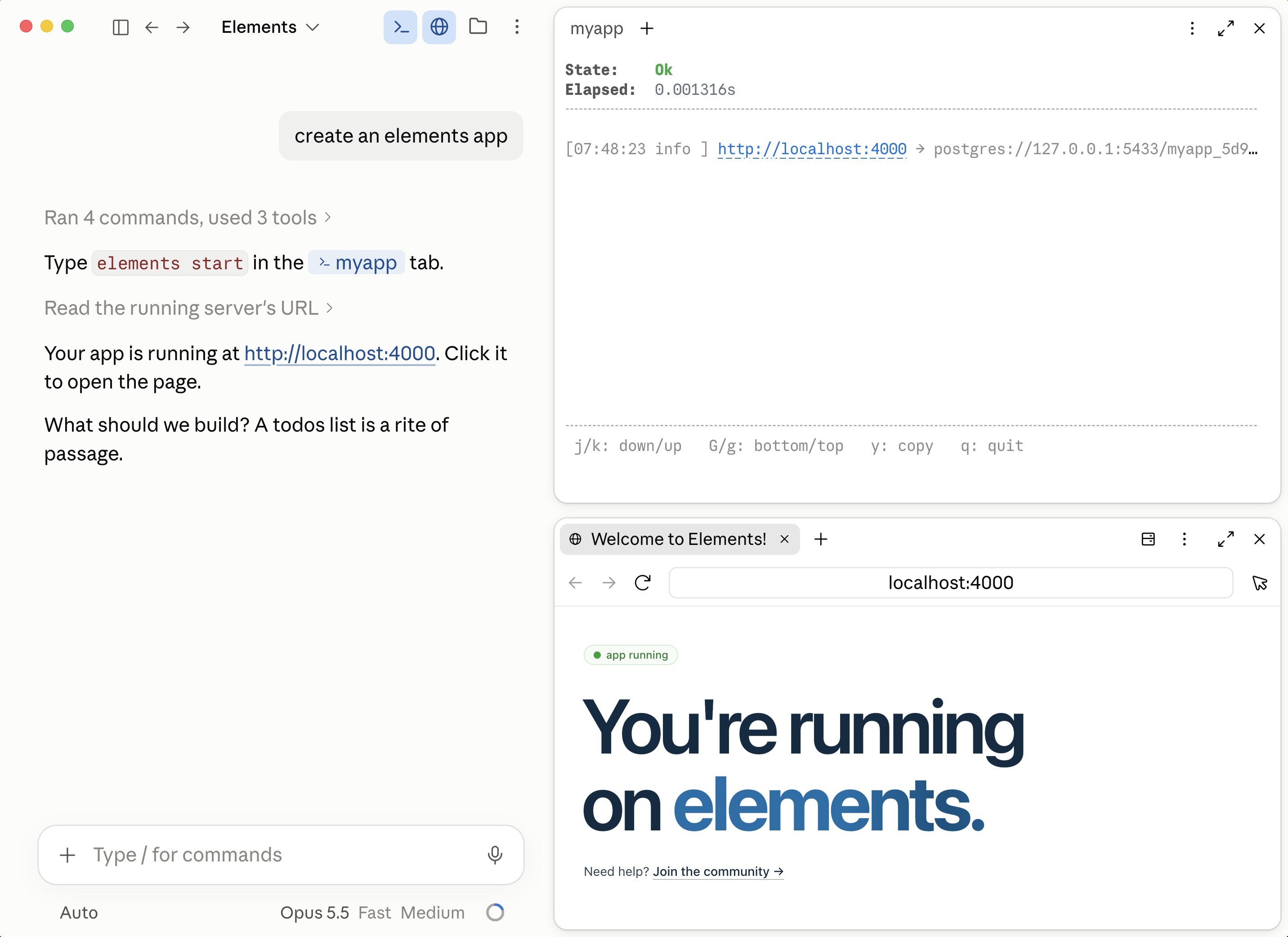 Screenshot: Claude Code with the build state Ok in the terminal, and the app running in the browser