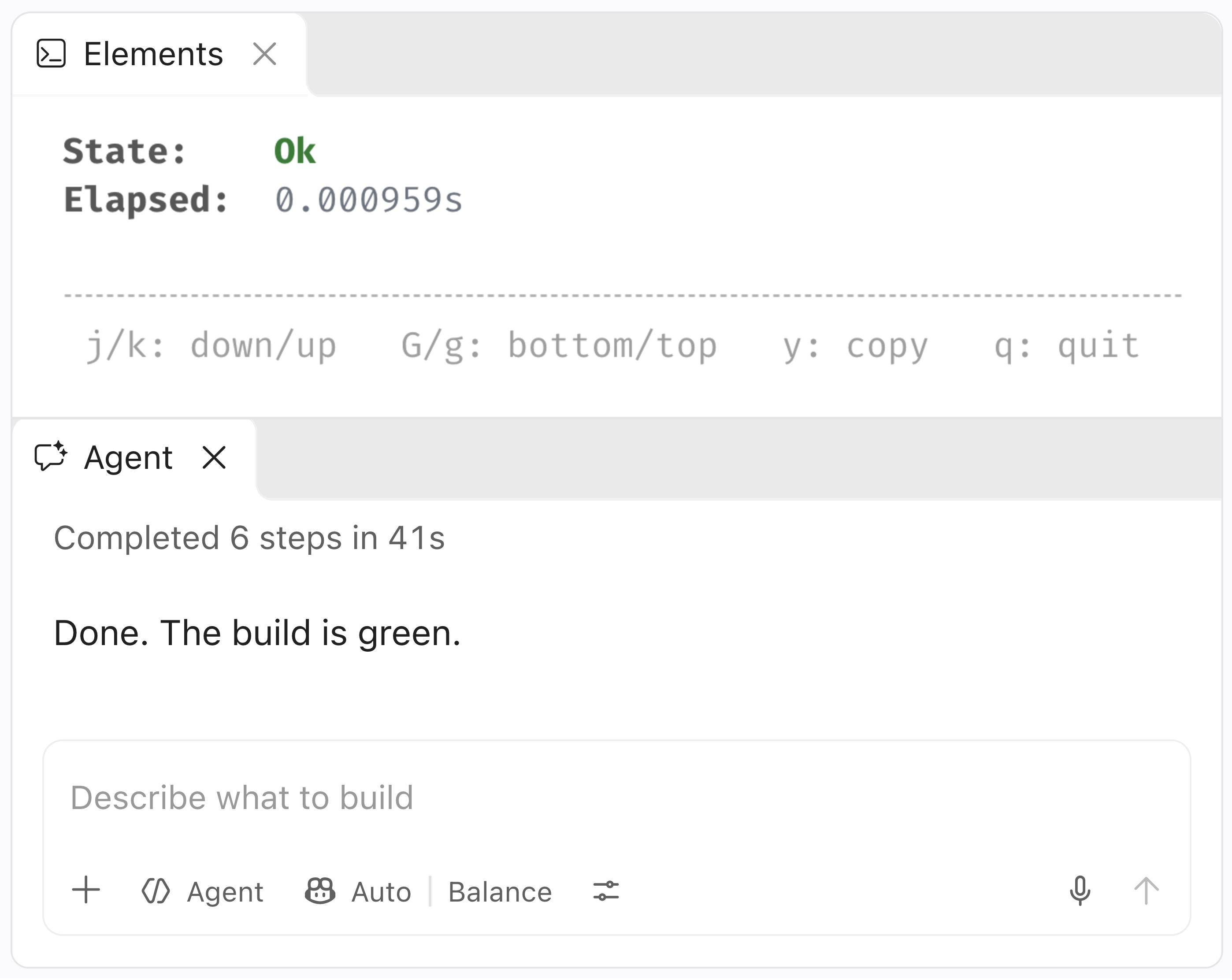Screenshot: VS Code with the build state Ok, and the agent saying the build is green