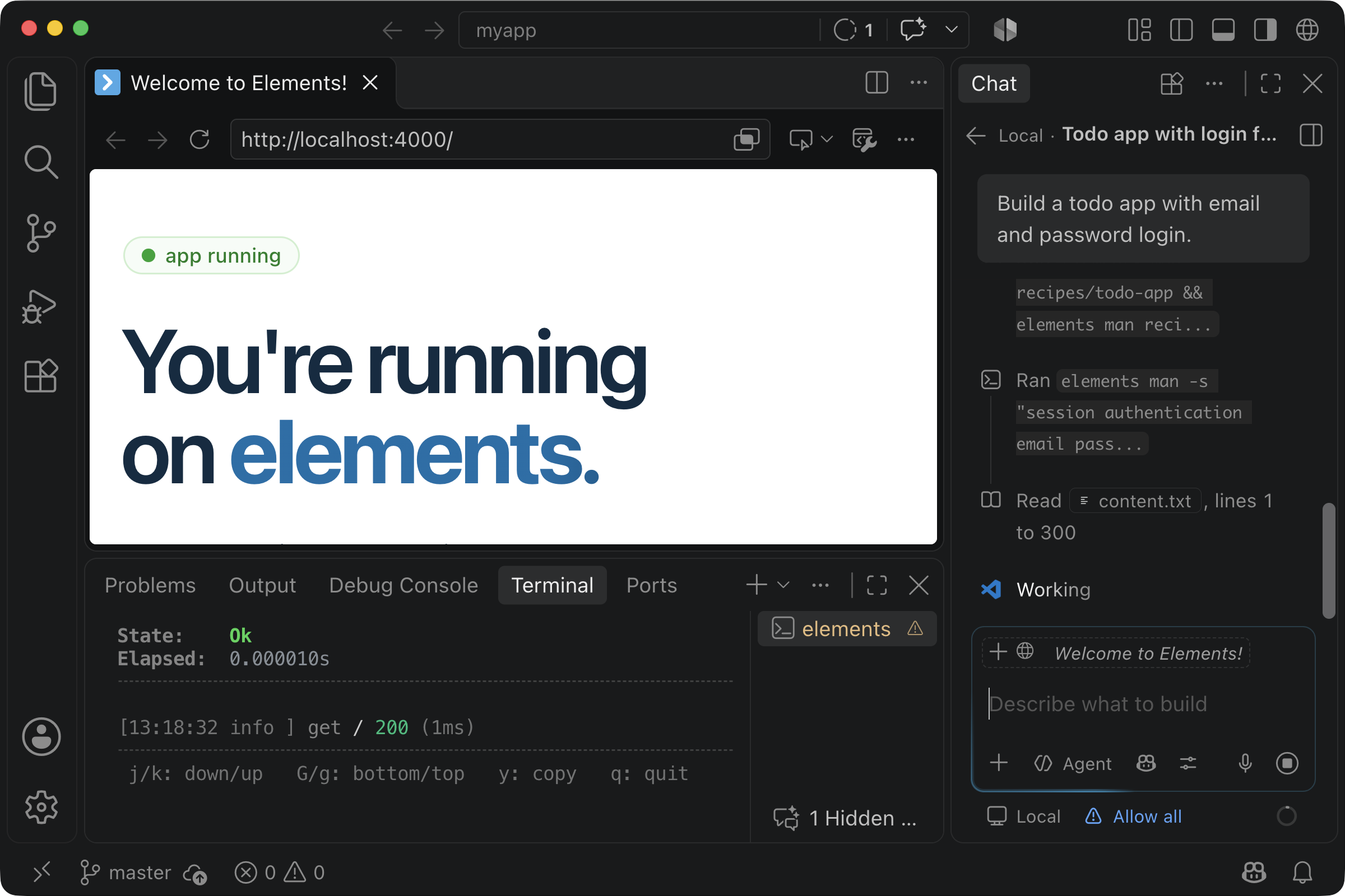 The agent working in the chat beside the running app