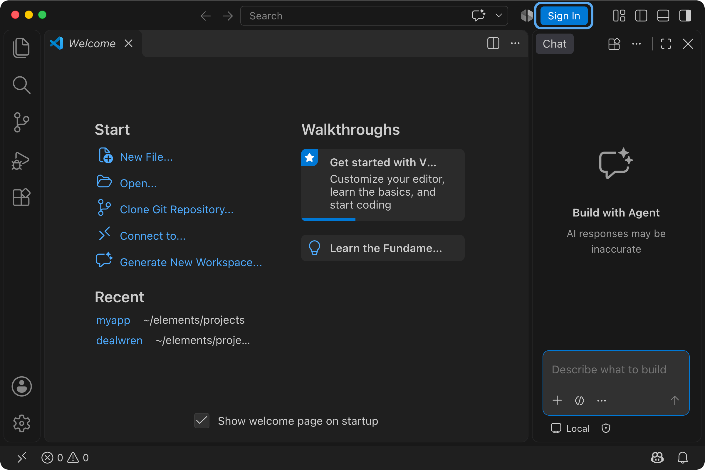 The Sign In button at the top right of VS Code