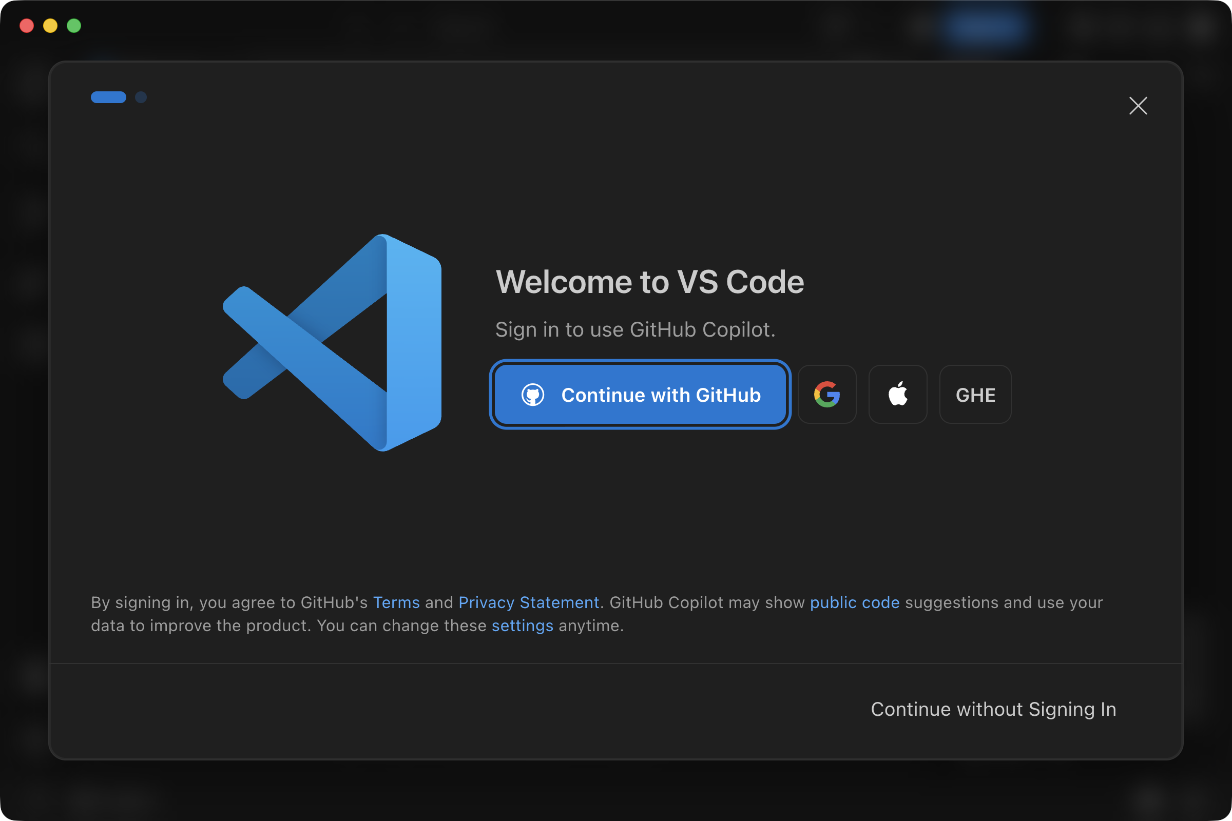 VS Code's first screen: Sign in to use GitHub Copilot, with Continue with GitHub