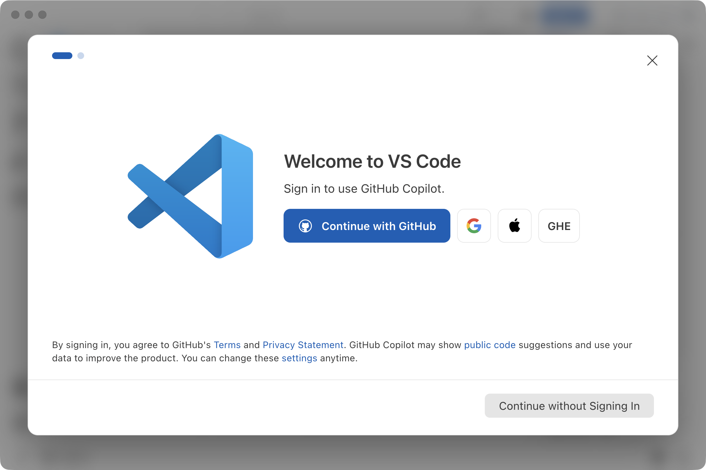 VS Code's first screen: Sign in to use GitHub Copilot, with Continue with GitHub