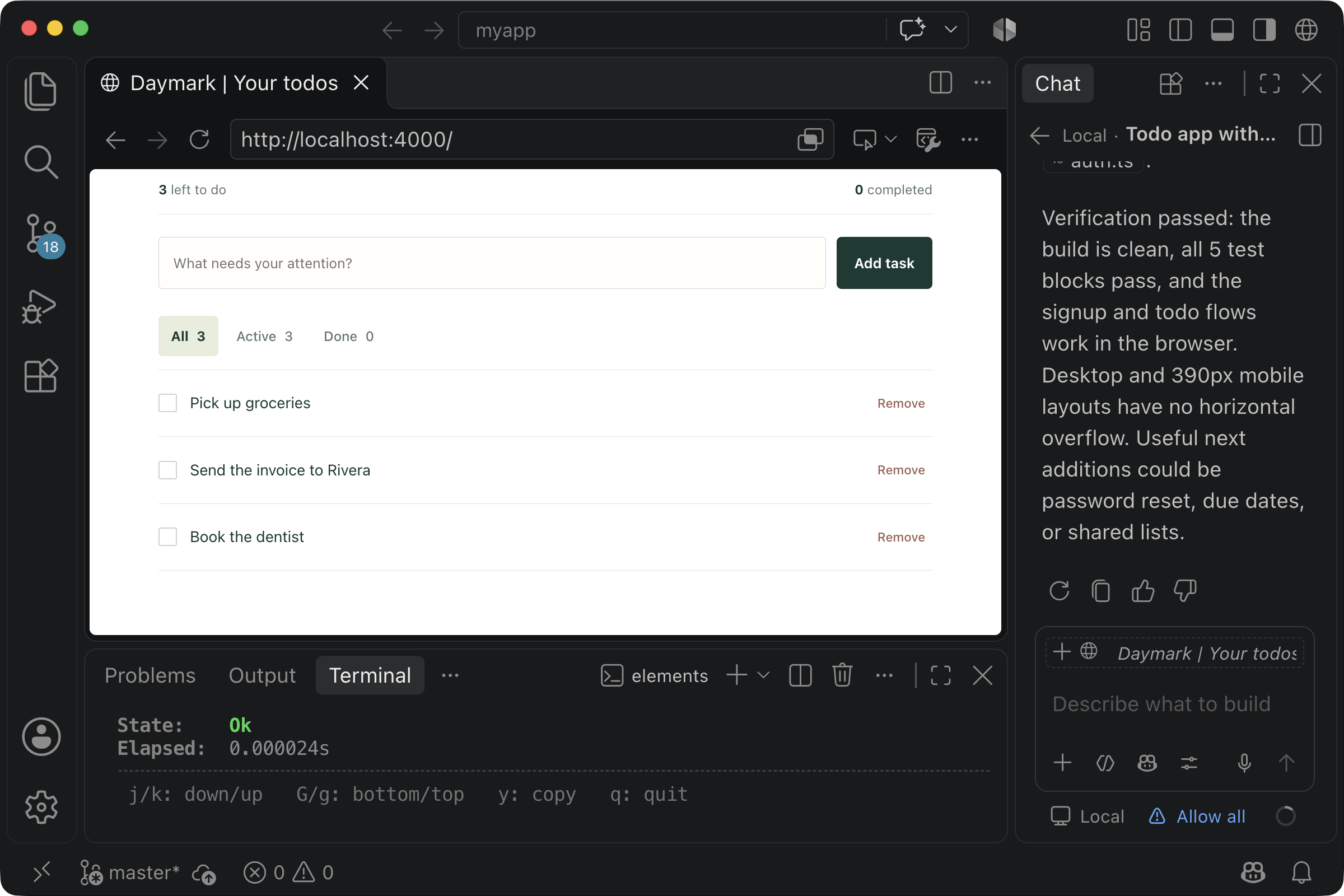 The finished todo app with three tasks, running in VS Code's browser
