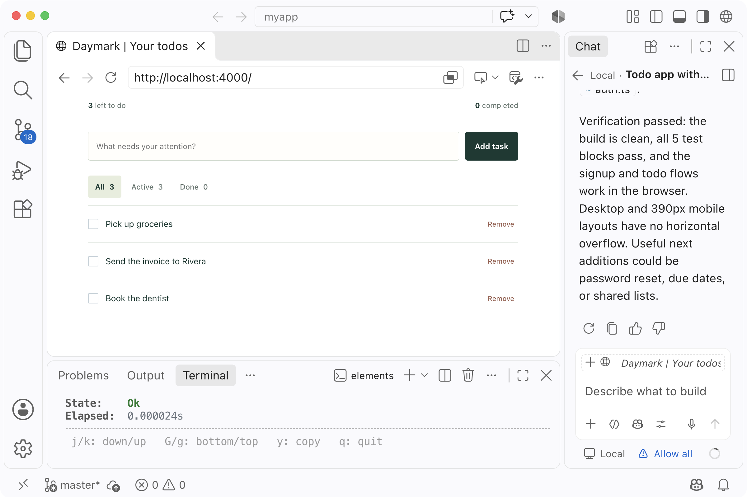 The finished todo app with three tasks, running in VS Code's browser