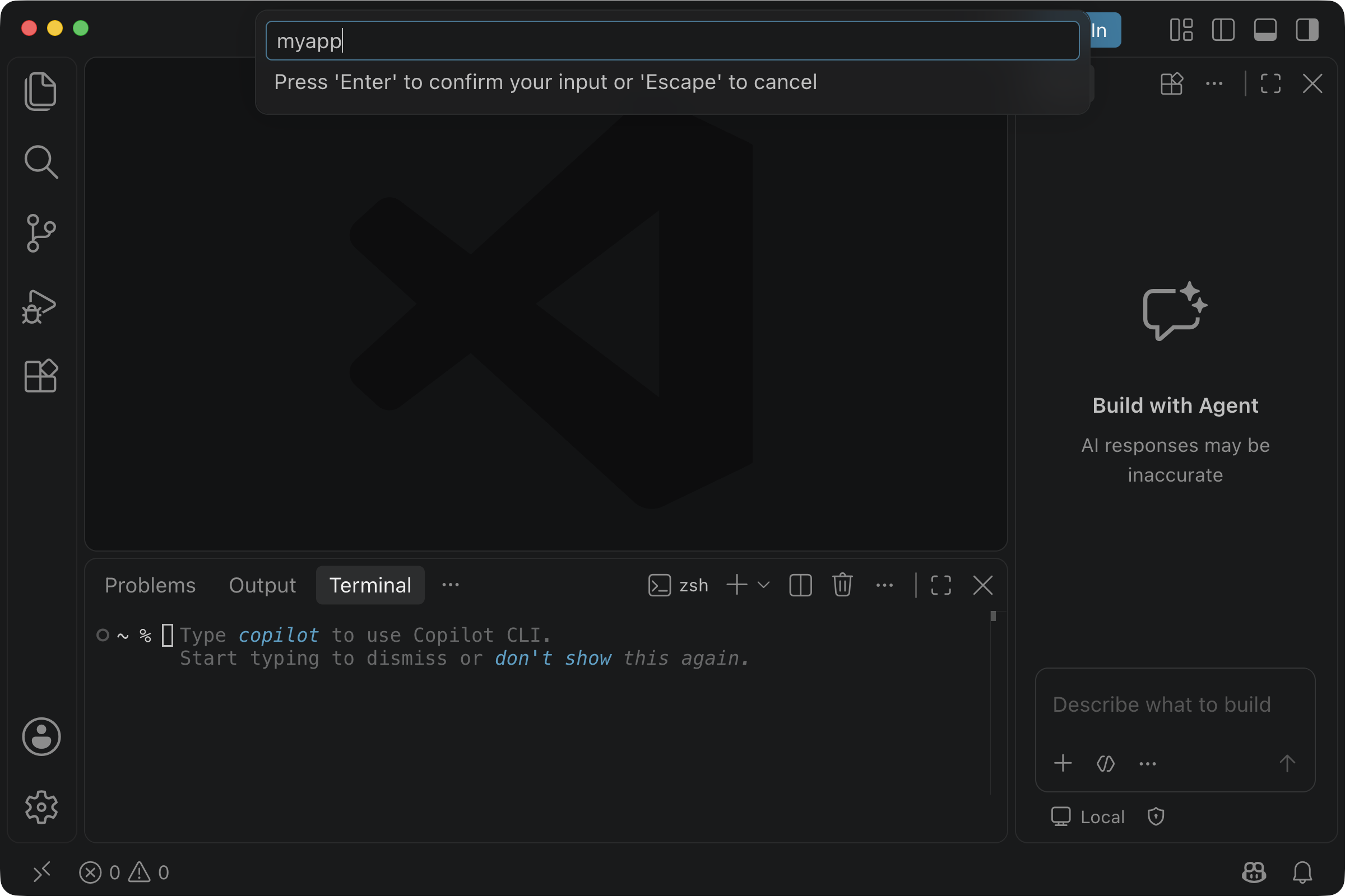 The name box Elements: New App opens, with myapp typed in