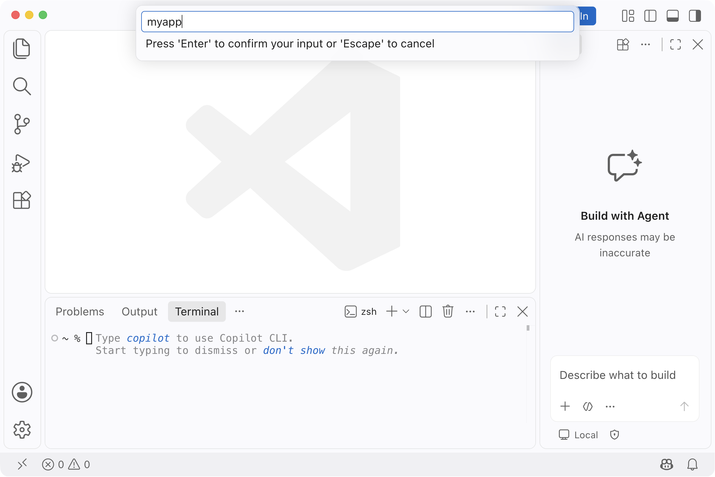 The name box Elements: New App opens, with myapp typed in