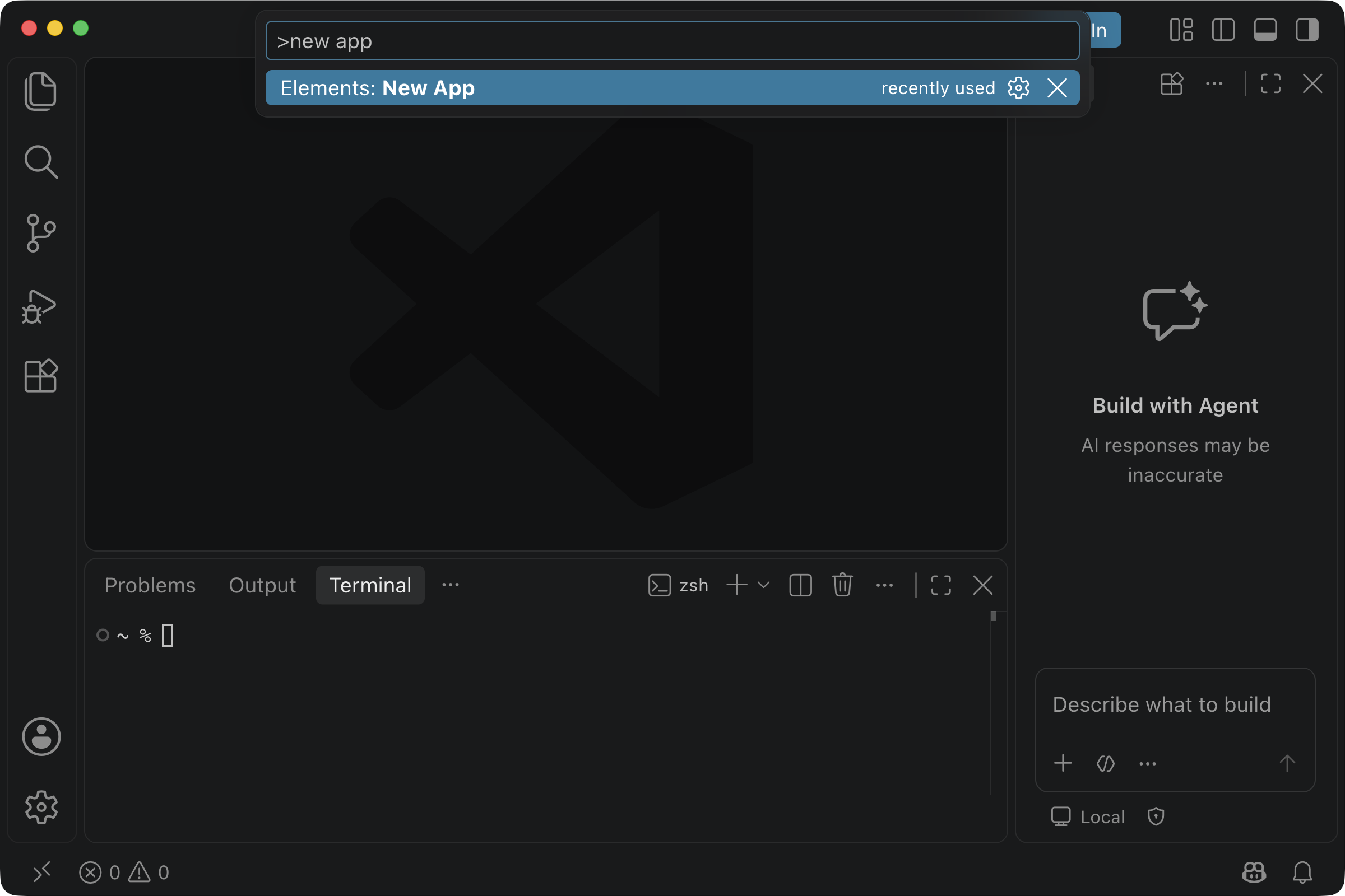 VS Code's command palette with Elements: New App selected