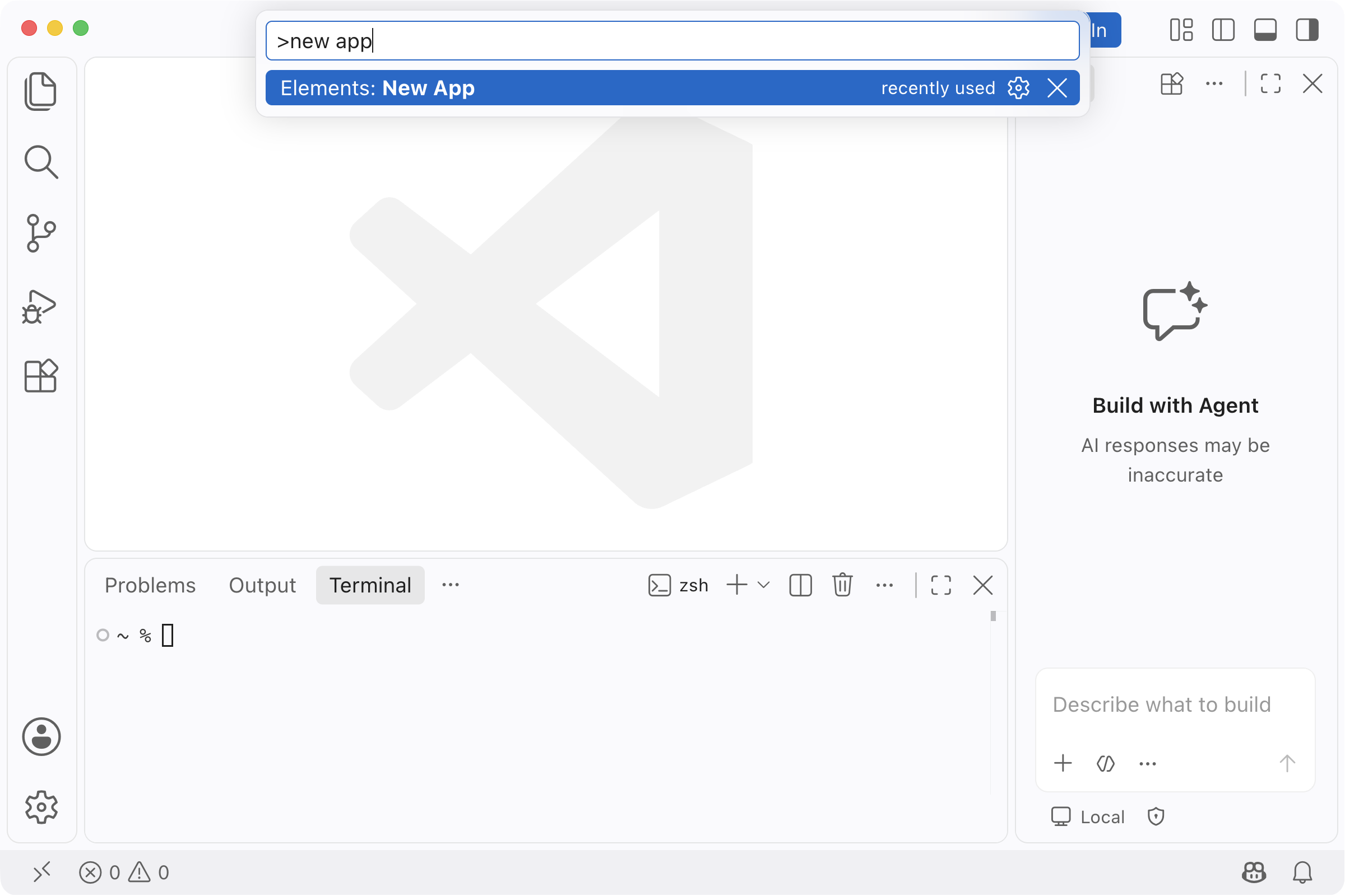 VS Code's command palette with Elements: New App selected