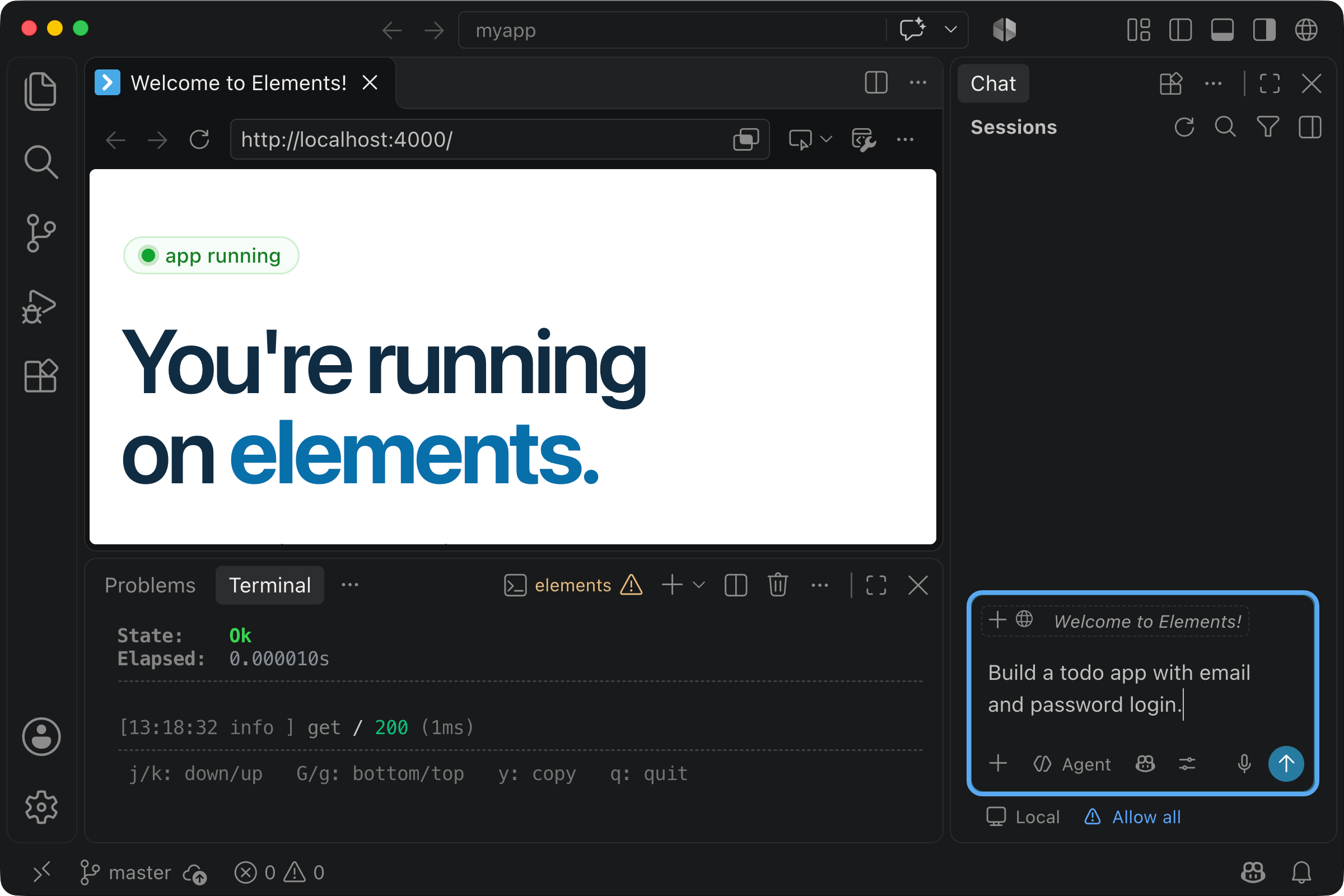 A request typed into the chat beside the running app