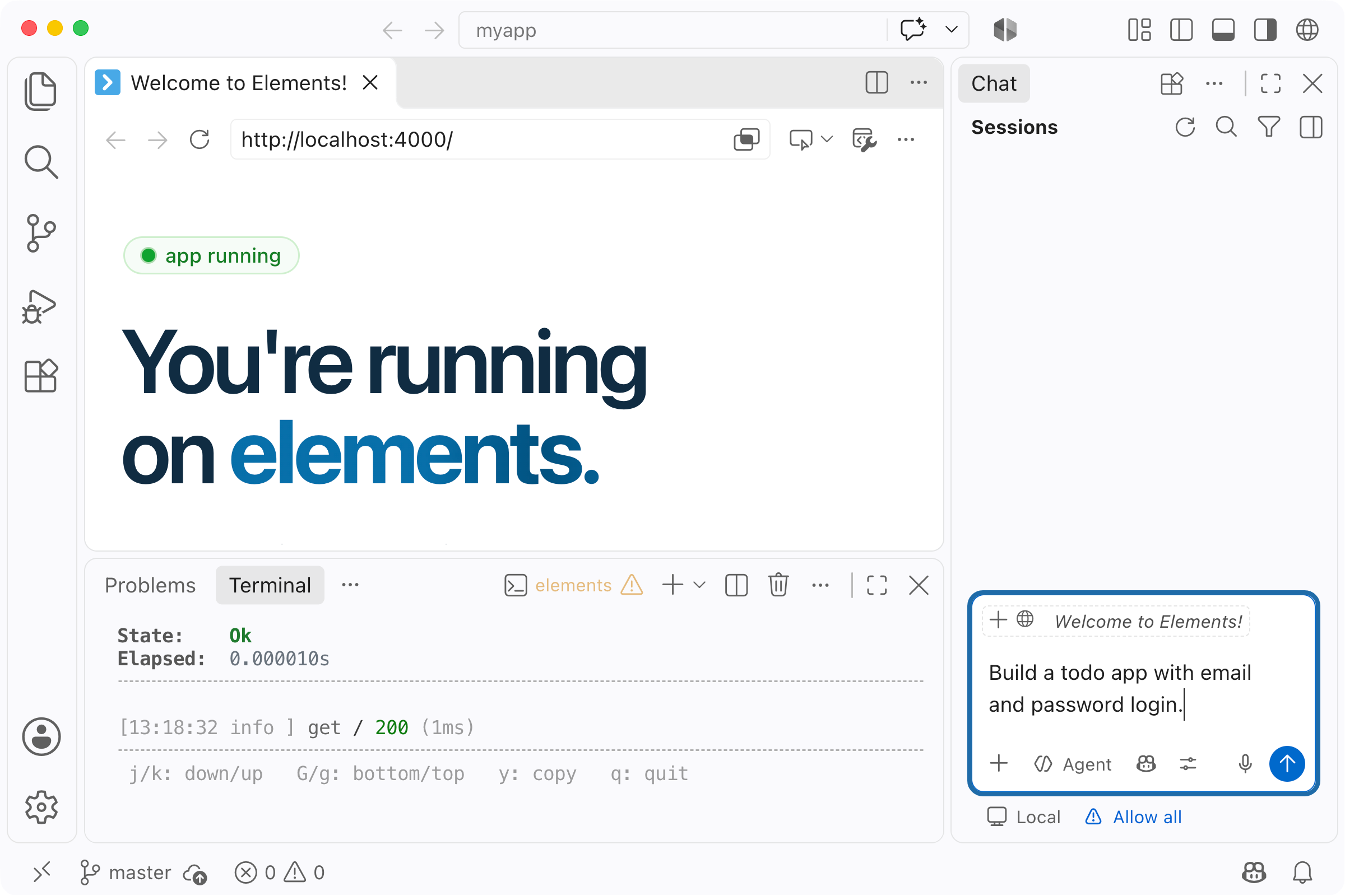 A request typed into the chat beside the running app