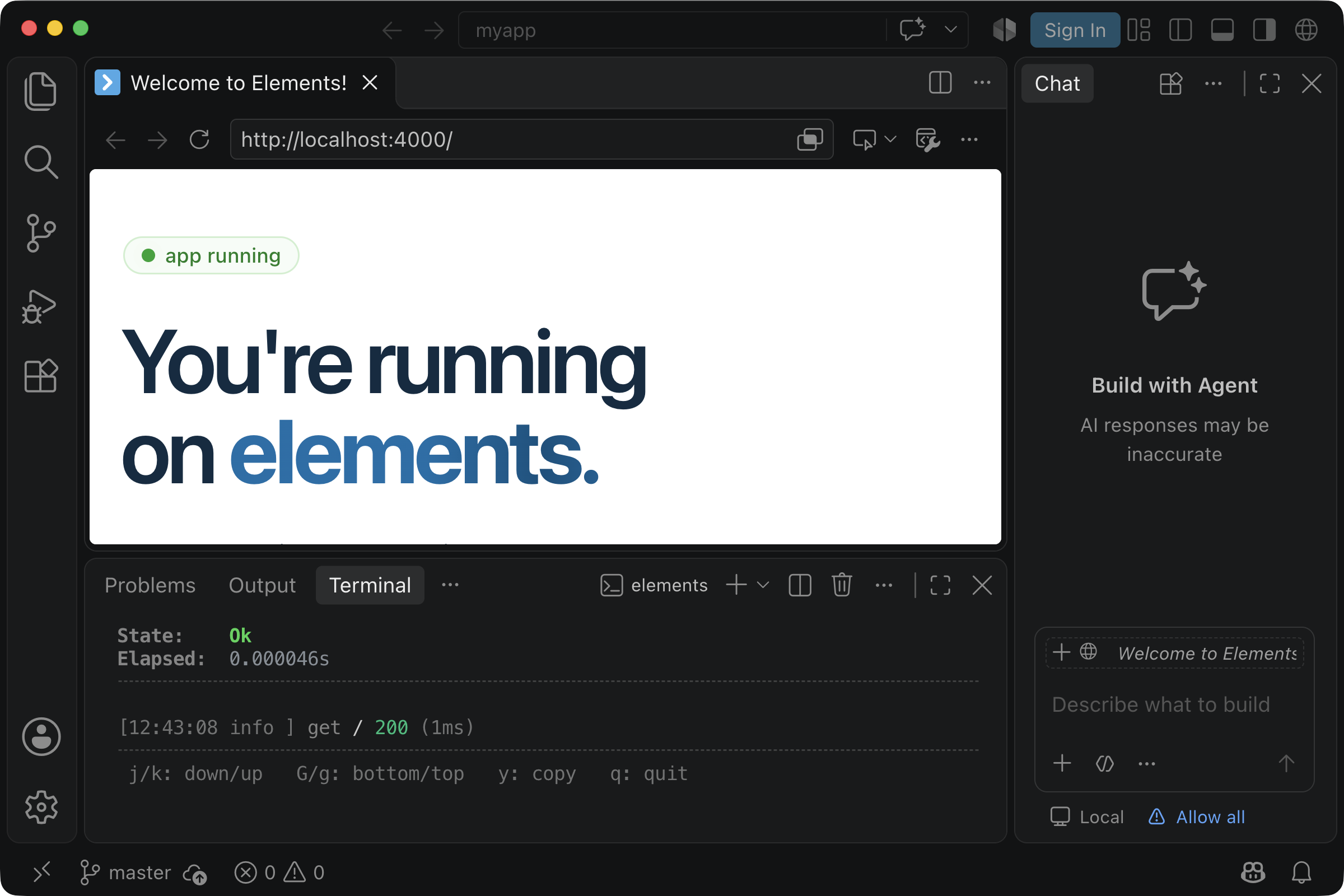 The new app open in VS Code's browser, with the terminal and the chat