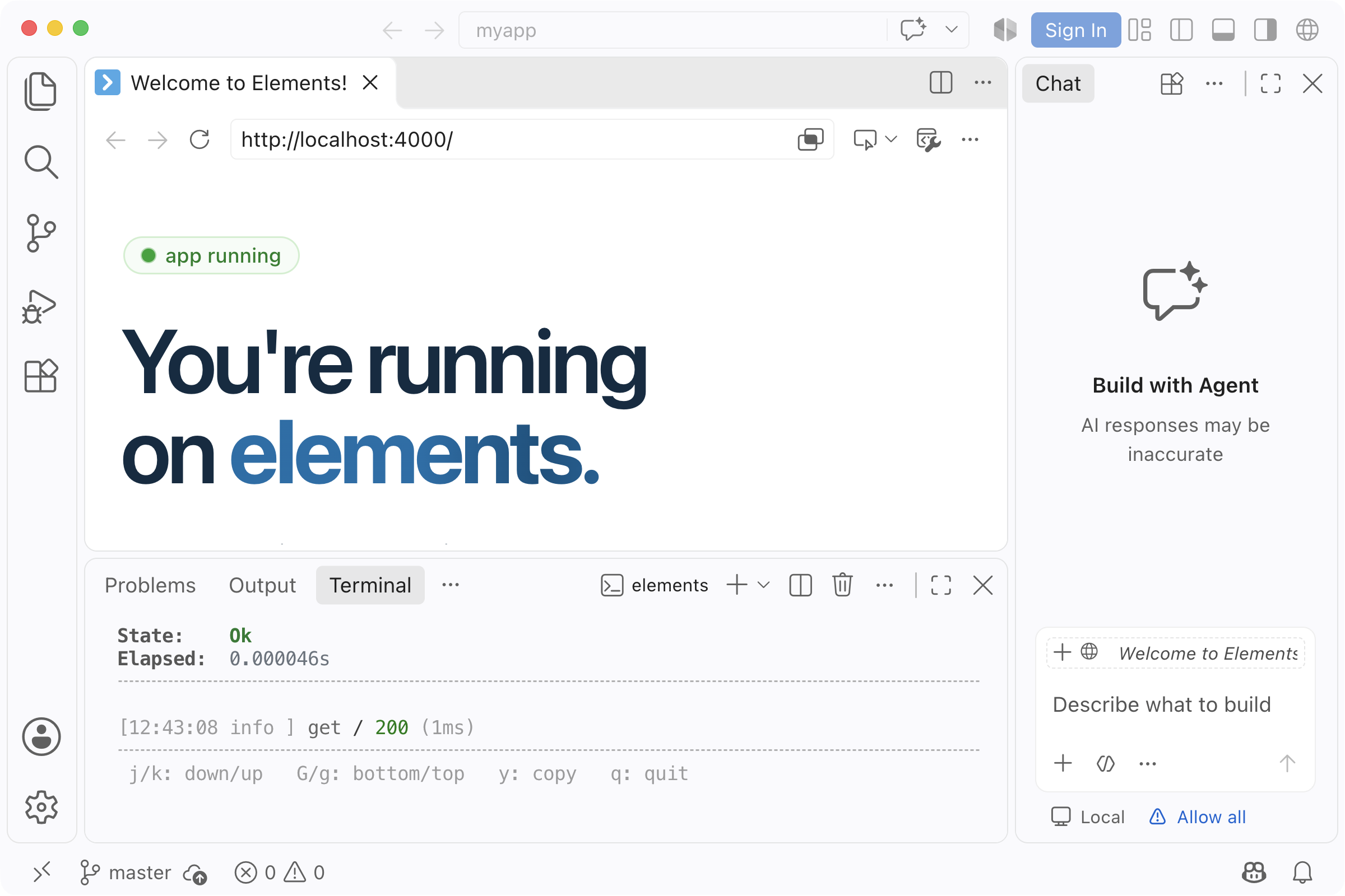 The new app open in VS Code's browser, with the terminal and the chat