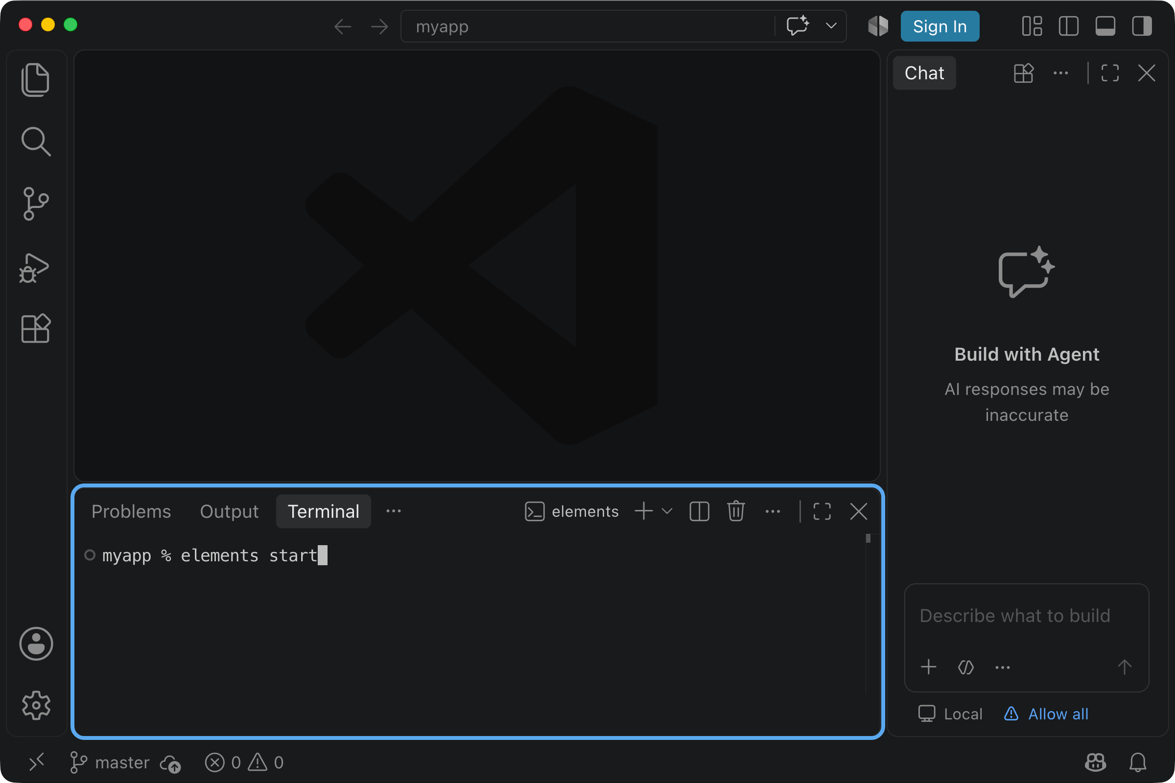 elements start typed into the terminal of the new app