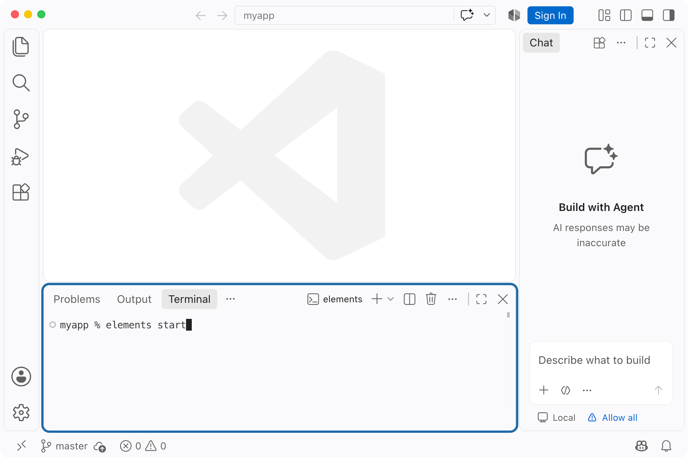 elements start typed into the terminal of the new app